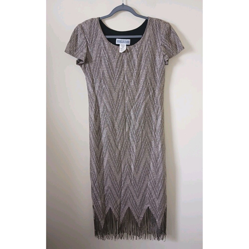 Vintage Jessica Howard Gold Lace Fringe Cocktail Dress Sheath Holiday Size 8